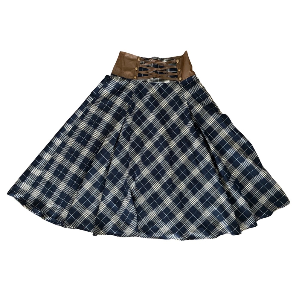 Steampunk Plaid Midi Skirt XL Navy Blue Corset Waist Faux Leather Lace Up A-Line